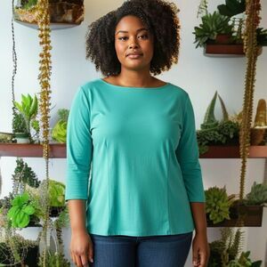 Laura Byrnes California Top 4X Teal Zipper Back Stretch Knit Boat Neck Plus Size